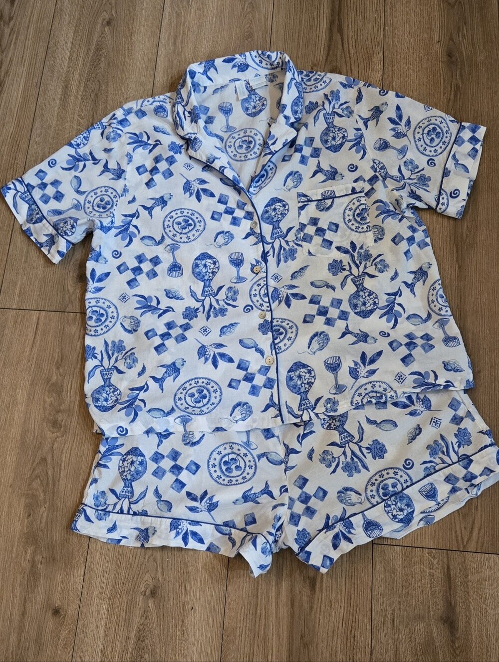 Cynthia Rowley Organic Cotton Blue & White Mediterranean Print Pajama Shorts Set
